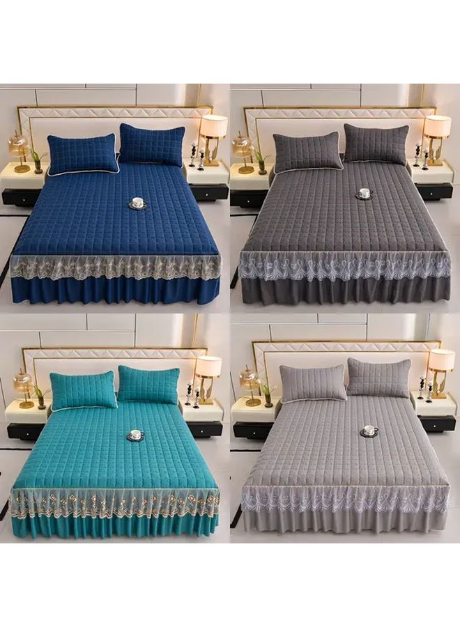 Light Gray Bedding Set 3pcs Quilted Edge Bed Skirt Pillowcases Mattress Protector 38 98x74 8 Inch - Image 1